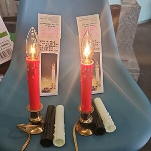 Vintage 2 Christmas Three In One Solid Brass Electric Candlesticks Color Sleeves